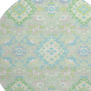 HomeRoots 8' Washable Mint Green, Teal & Lavender Round Oriental Rug with UV Protection for High-Traffic Areas 678859