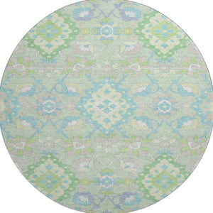 HomeRoots 8' Washable Mint Green, Teal & Lavender Round Oriental Rug with UV Protection for High-Traffic Areas 678859