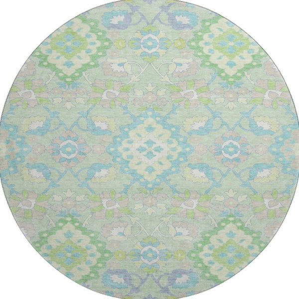 HomeRoots 8' Washable Mint Green, Teal & Lavender Round Oriental Rug with UV Protection for High-Traffic Areas 678859