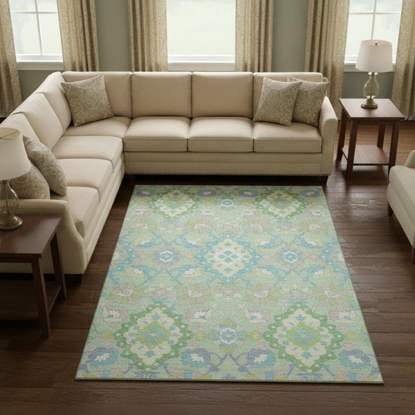 HomeRoots 8' X 10' Elegant Mint Green, Teal & Lavender Washable Oriental Area Rug with UV Protection & Style 678860
