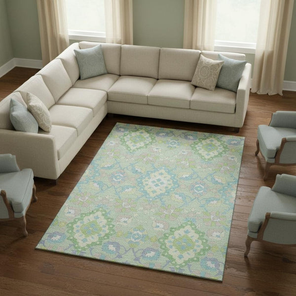 HomeRoots 9' X 12' Elegant Mint Green Teal Lavender Oriental Area Rug - Washable, Stain-Resistant, UV Safe! 678861