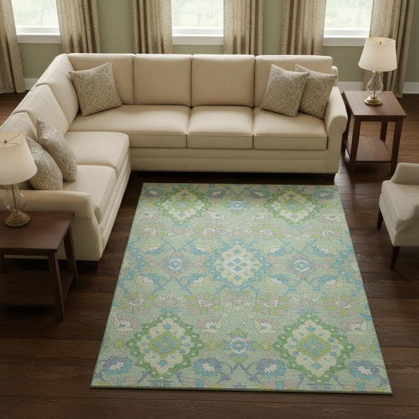 HomeRoots 10' Mint Green Teal and Lavender Oriental Area Rug - Washable, UV Protected, Stain Resistant Comfort! 678862