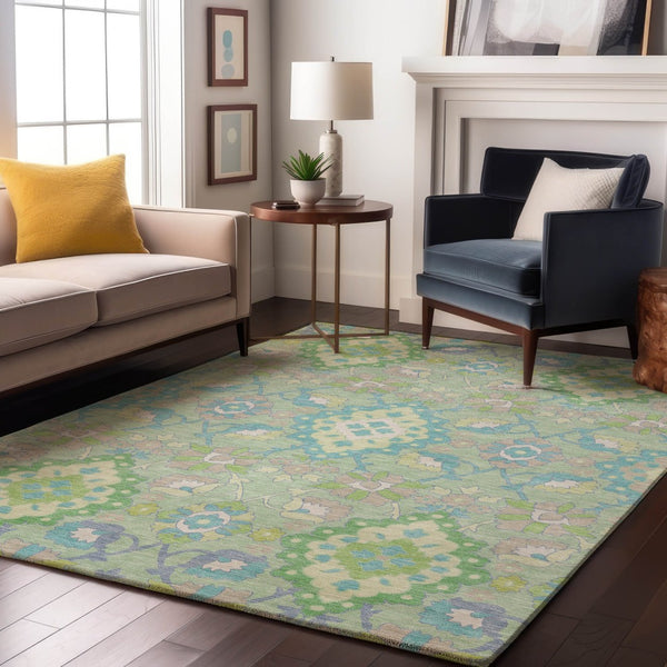 HomeRoots 10' Mint Green Teal and Lavender Oriental Area Rug - Washable, UV Protected, Stain Resistant Comfort! 678862