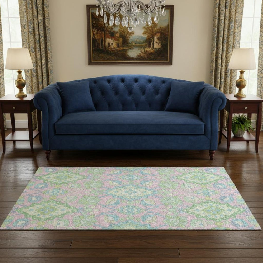 HomeRoots 5' X 8' Vibrant Pink, Teal & Lime Green Washable Oriental Area Rug with UV Protection for Durability 678864