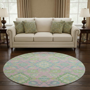 HomeRoots 8' Vibrant Pink, Teal & Lime Green Oriental Washable Round Rug with UV Protection for All Spaces 678865