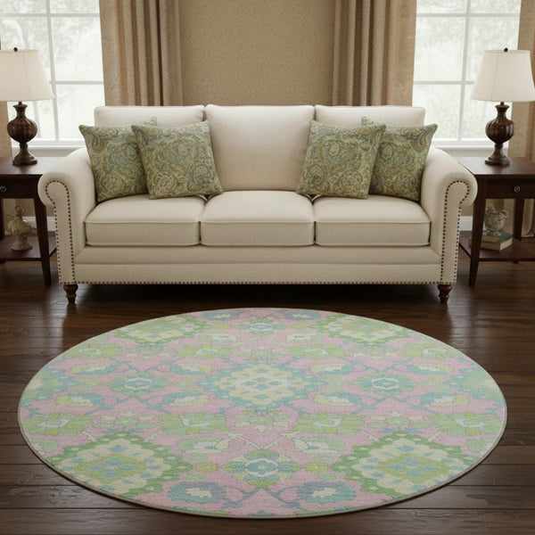 HomeRoots 8' Vibrant Pink, Teal & Lime Green Oriental Washable Round Rug with UV Protection for All Spaces 678865