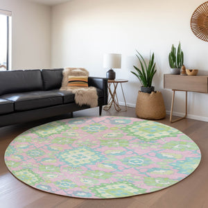 HomeRoots 8' Vibrant Pink, Teal & Lime Green Oriental Washable Round Rug with UV Protection for All Spaces 678865