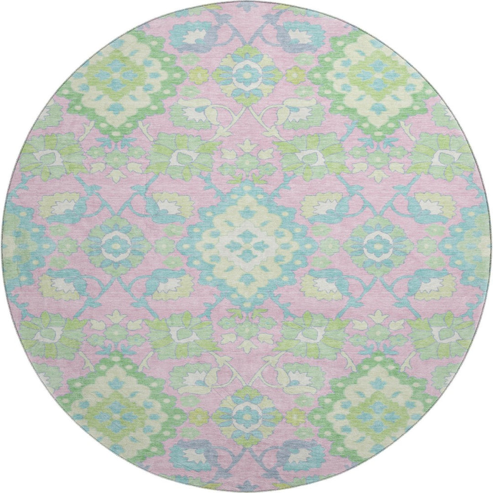HomeRoots 8' Vibrant Pink, Teal & Lime Green Oriental Washable Round Rug with UV Protection for All Spaces 678865