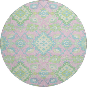 HomeRoots 8' Vibrant Pink, Teal & Lime Green Oriental Washable Round Rug with UV Protection for All Spaces 678865