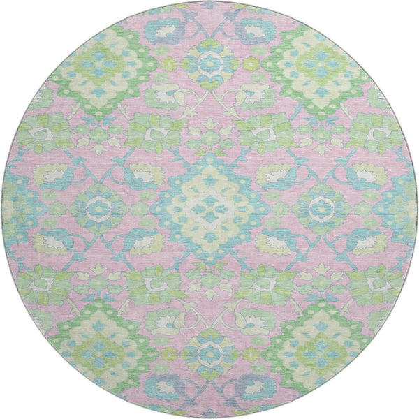 HomeRoots 8' Vibrant Pink, Teal & Lime Green Oriental Washable Round Rug with UV Protection for All Spaces 678865