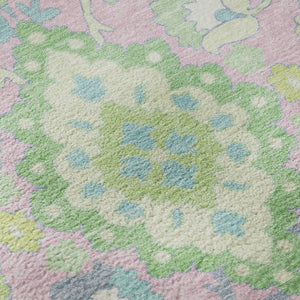 HomeRoots 8' Vibrant Pink, Teal & Lime Green Oriental Washable Round Rug with UV Protection for All Spaces 678865