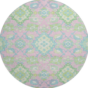 HomeRoots 8' Vibrant Pink, Teal & Lime Green Oriental Washable Round Rug with UV Protection for All Spaces 678865