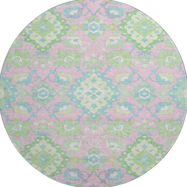 HomeRoots 8' Vibrant Pink, Teal & Lime Green Oriental Washable Round Rug with UV Protection for All Spaces 678865