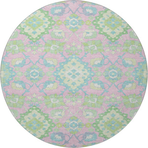 HomeRoots 8' Vibrant Pink, Teal & Lime Green Oriental Washable Round Rug with UV Protection for All Spaces 678865