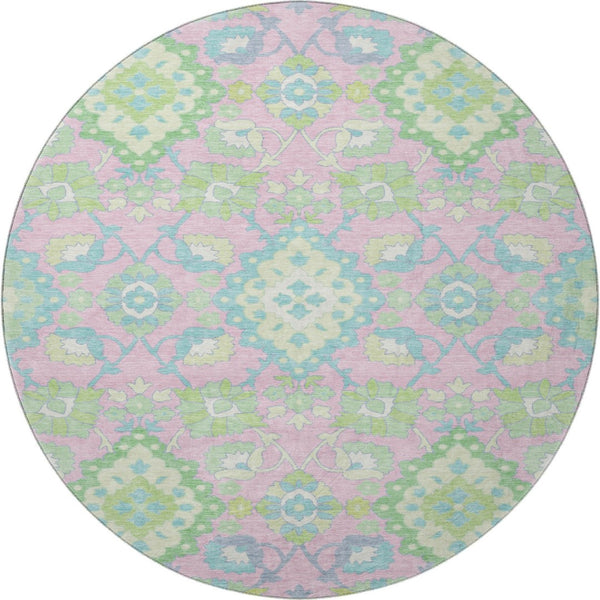 HomeRoots 8' Vibrant Pink, Teal & Lime Green Oriental Washable Round Rug with UV Protection for All Spaces 678865