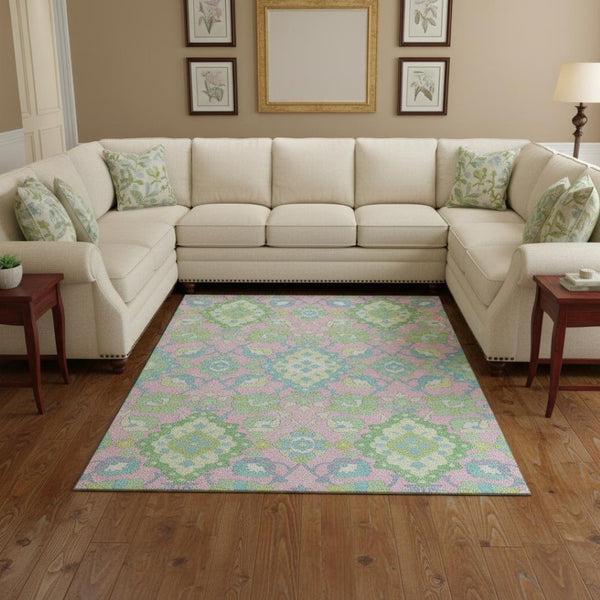 HomeRoots 8' X 10' Vibrant Pink, Teal & Lime Green Oriental Area Rug – Washable, UV Protected & Stain Resistant! 678866