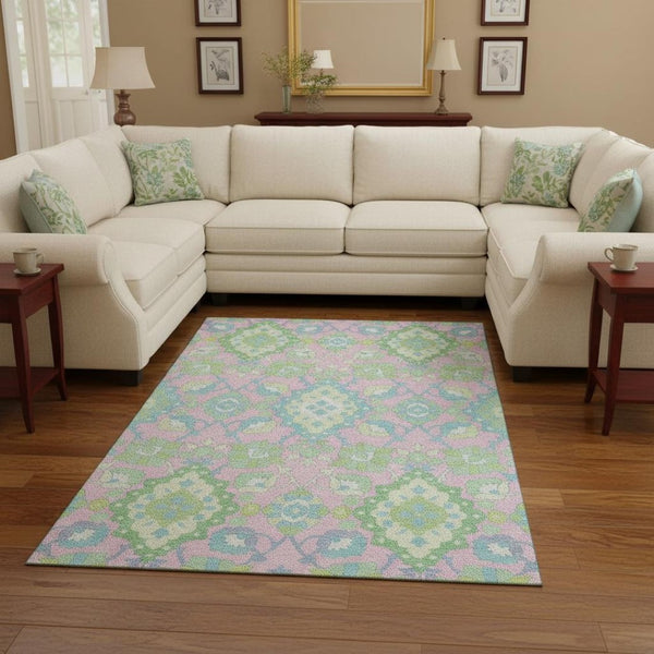 HomeRoots 9' X 12' Vibrant Pink, Teal & Lime Green Oriental Washable Area Rug with UV Protection & Durability 678867