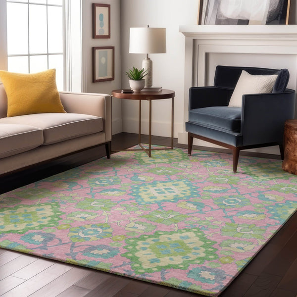 HomeRoots 9' X 12' Vibrant Pink, Teal & Lime Green Oriental Washable Area Rug with UV Protection & Durability 678867