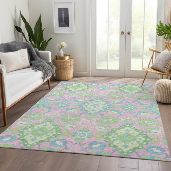 HomeRoots 9' X 12' Vibrant Pink, Teal & Lime Green Oriental Washable Area Rug with UV Protection & Durability 678867