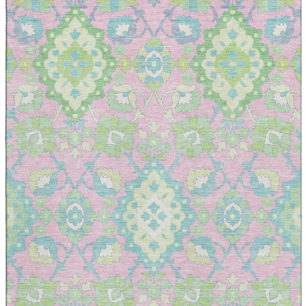 HomeRoots 9' X 12' Vibrant Pink, Teal & Lime Green Oriental Washable Area Rug with UV Protection & Durability 678867