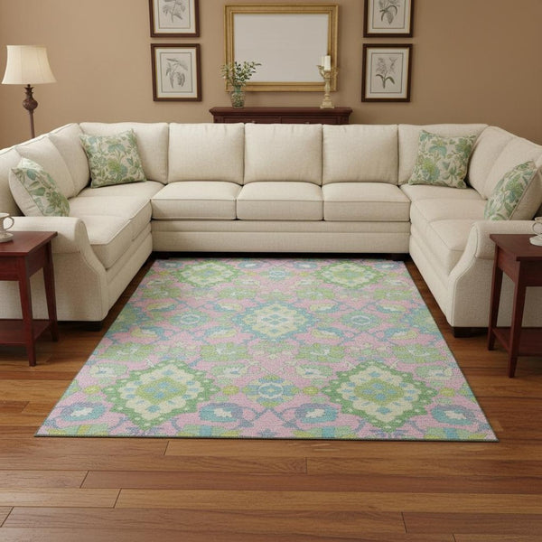 HomeRoots 10' Vibrant Pink Teal Lime Green Oriental Washable Area Rug with UV Protection for Busy Homes 678868