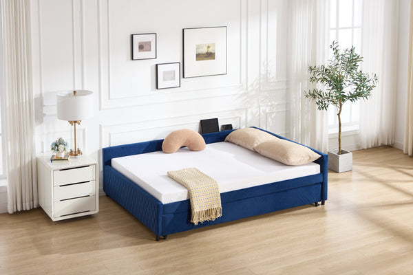English Elm Upholstered Velvet Daybed with Pull Out Trundle Diamond Tufted Guest Bedroom Sofa Navy W1361S00068