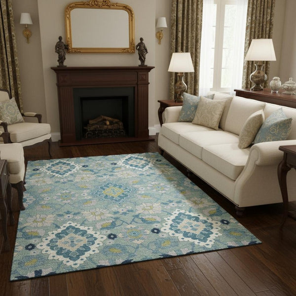 HomeRoots 5' X 8' Teal Ivory Beige Oriental Area Rug - UV Protected, Stain Resistant, Machine Washable Design 678870