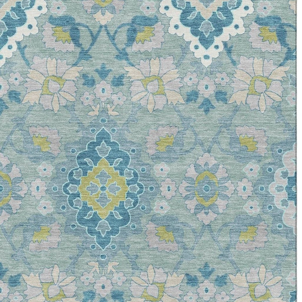 HomeRoots 5' X 8' Teal Ivory Beige Oriental Area Rug - UV Protected, Stain Resistant, Machine Washable Design 678870