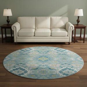 HomeRoots 8' Teal Ivory and Beige Oriental Washable Round Rug - UV Protected, Durable, Stylish for Homes 678871