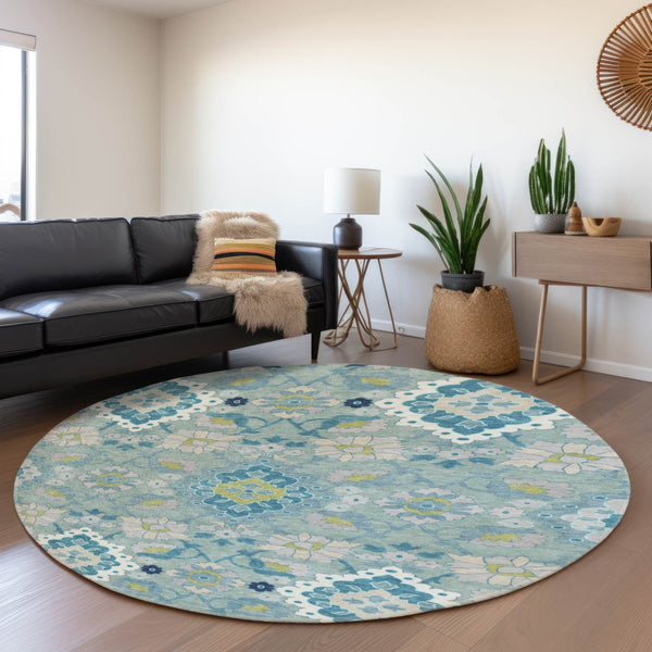 HomeRoots 8' Teal Ivory and Beige Oriental Washable Round Rug - UV Protected, Durable, Stylish for Homes 678871