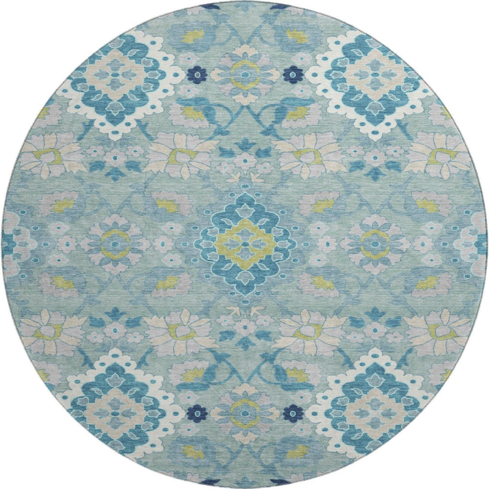HomeRoots 8' Teal Ivory and Beige Oriental Washable Round Rug - UV Protected, Durable, Stylish for Homes 678871