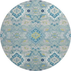 HomeRoots 8' Teal Ivory and Beige Oriental Washable Round Rug - UV Protected, Durable, Stylish for Homes 678871