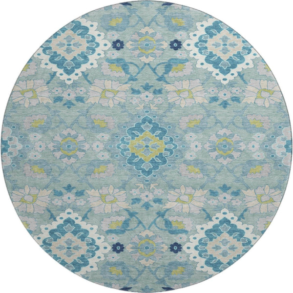 HomeRoots 8' Teal Ivory and Beige Oriental Washable Round Rug - UV Protected, Durable, Stylish for Homes 678871