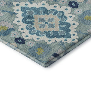 HomeRoots 8' Teal Ivory and Beige Oriental Washable Round Rug - UV Protected, Durable, Stylish for Homes 678871