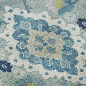 HomeRoots 8' Teal Ivory and Beige Oriental Washable Round Rug - UV Protected, Durable, Stylish for Homes 678871