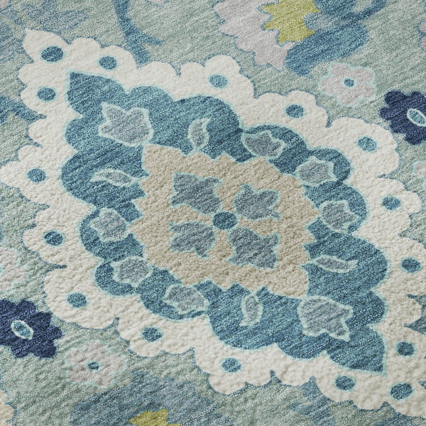 HomeRoots 8' Teal Ivory and Beige Oriental Washable Round Rug - UV Protected, Durable, Stylish for Homes 678871