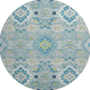 HomeRoots 8' Teal Ivory and Beige Oriental Washable Round Rug - UV Protected, Durable, Stylish for Homes 678871