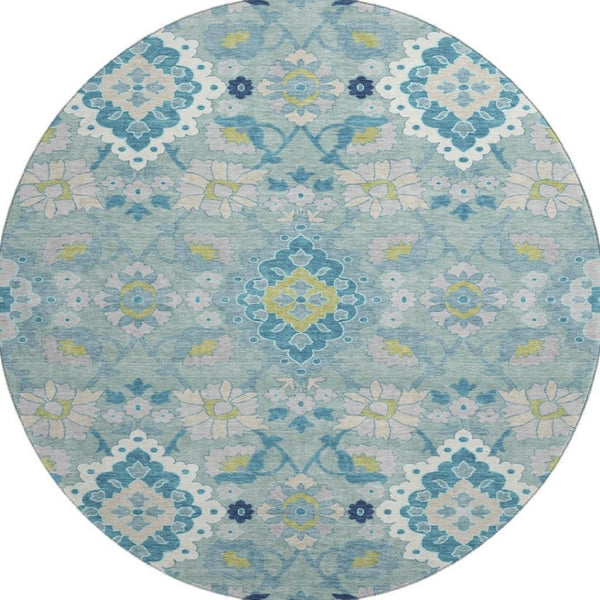 HomeRoots 8' Teal Ivory and Beige Oriental Washable Round Rug - UV Protected, Durable, Stylish for Homes 678871