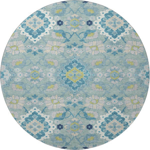HomeRoots 8' Teal Ivory and Beige Oriental Washable Round Rug - UV Protected, Durable, Stylish for Homes 678871