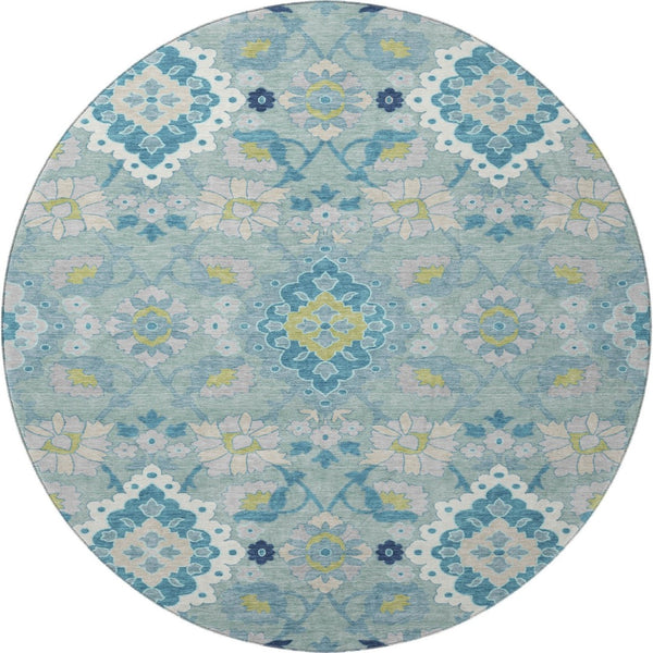 HomeRoots 8' Teal Ivory and Beige Oriental Washable Round Rug - UV Protected, Durable, Stylish for Homes 678871