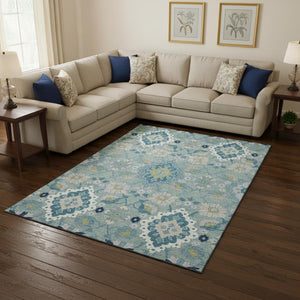HomeRoots 8' X 10' Elegant Teal, Ivory & Beige Oriental Washable Area Rug with UV Protection & Stain Resistance 678872