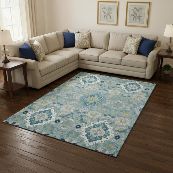 HomeRoots 8' X 10' Elegant Teal, Ivory & Beige Oriental Washable Area Rug with UV Protection & Stain Resistance 678872