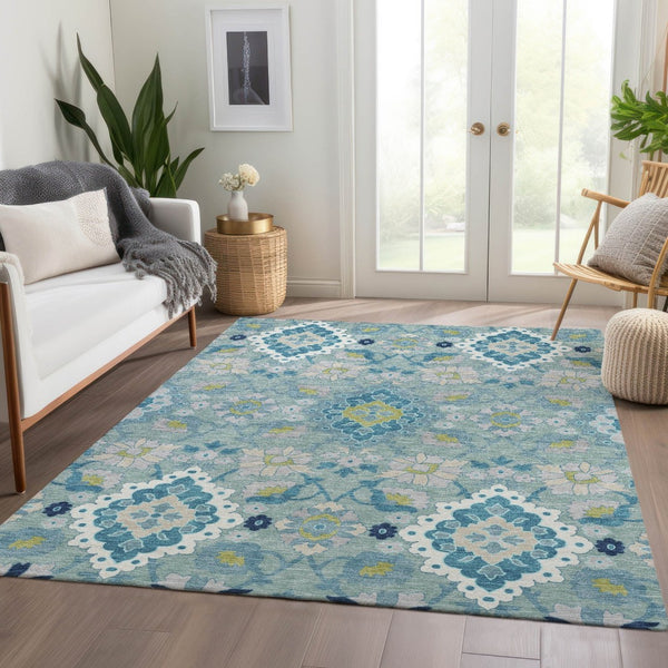 HomeRoots 8' X 10' Elegant Teal, Ivory & Beige Oriental Washable Area Rug with UV Protection & Stain Resistance 678872