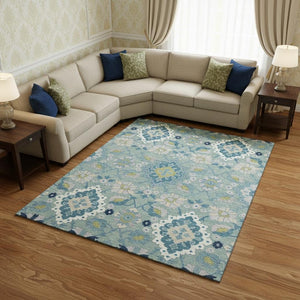 HomeRoots 9' X 12' Teal Ivory Beige Oriental Washable Area Rug – Stain-Resistant, UV-Protected for Homes 678873