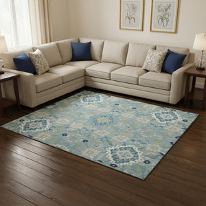 HomeRoots 10' Teal Ivory Beige Oriental Washable Area Rug – UV Protection, Stain Resistant, Perfect for Homes 678874