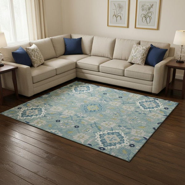 HomeRoots 10' Teal Ivory Beige Oriental Washable Area Rug – UV Protection, Stain Resistant, Perfect for Homes 678874