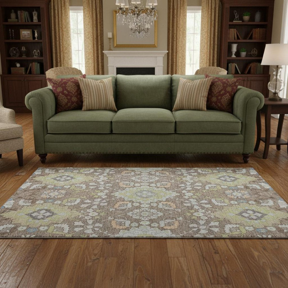 HomeRoots 5' X 8' Elegant Taupe Peach Oriental Area Rug with Artichoke Green - Washable & UV Protected Home Decor 678876