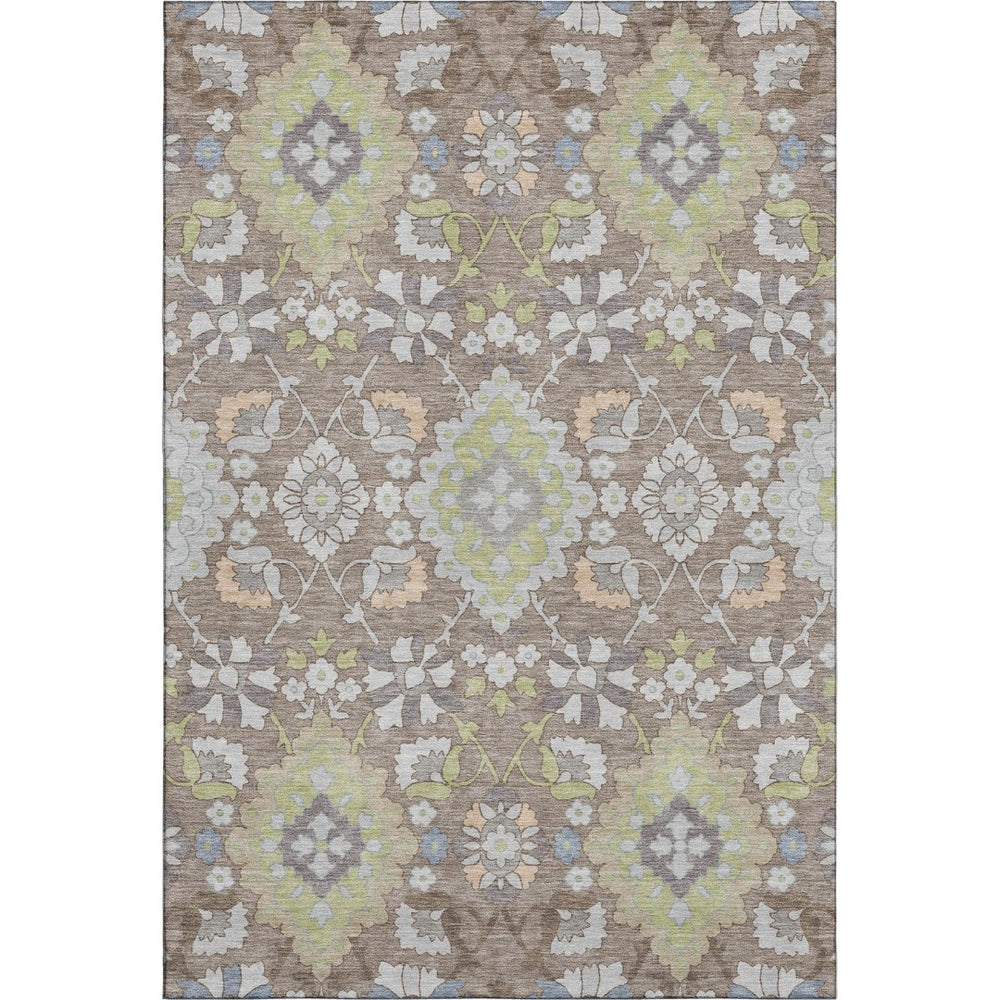 HomeRoots 5' X 8' Elegant Taupe Peach Oriental Area Rug with Artichoke Green - Washable & UV Protected Home Decor 678876