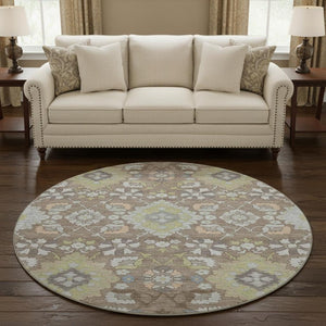 HomeRoots 8' Washable Oriental Round Rug in Taupe Peach & Artichoke Green - Durable, UV-Protected & Stylish Home Accent 678877