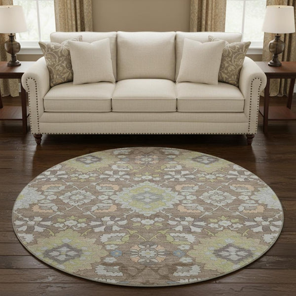 HomeRoots 8' Washable Oriental Round Rug in Taupe Peach & Artichoke Green - Durable, UV-Protected & Stylish Home Accent 678877